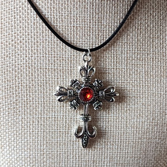 Jewelry - Elegant Silver Goth Easter Cross Pendant Necklace with Red Gem
